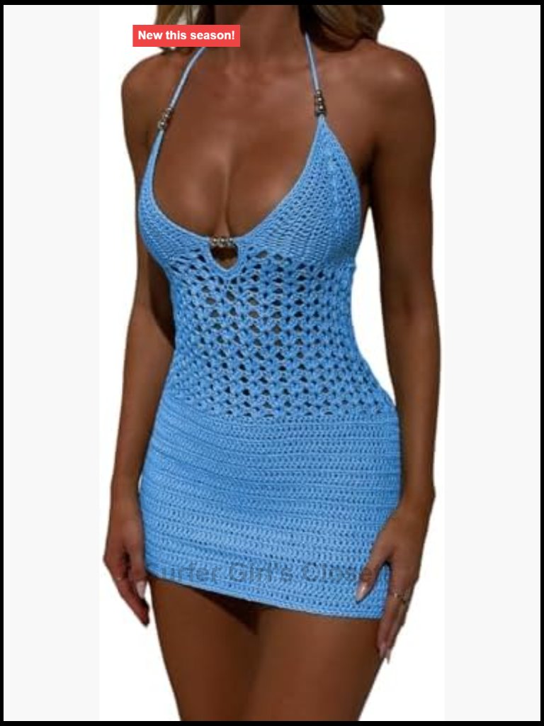 Sexy Halter Hollow Out Knitted Mini Dress Ruched Drawstring Sleeveless Backless